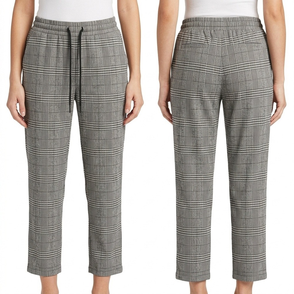 A New Day Pants Womens Small Grey Plaid Drawstring Ankle Pants Elastic Waist